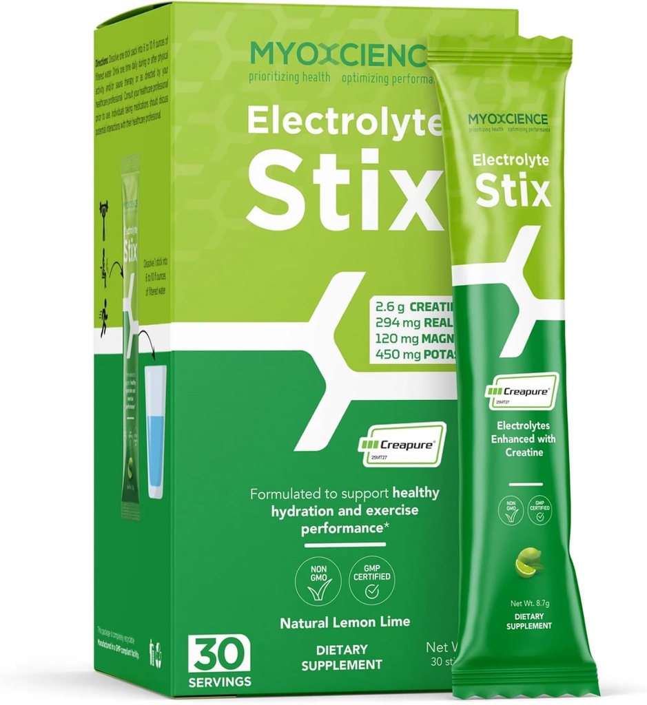 MYOXCIENCE Electrolyte STIX | Egzersiz ve Kas Geliştirmeden Kurtarma (Lemon Lime Flavor) (Stix 30 ct)