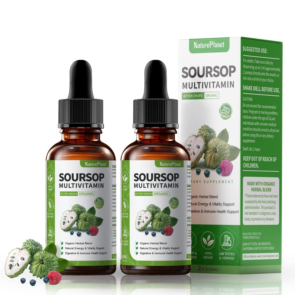 Soursop Bitters Vitamin C, D3, B6, Soursop Fruit & Leaf Ekstraksiyon + Immune Support Digestive Health Antioxy Boost 120Non-GMO Vegan 120mL/4 Fl Oz Oz