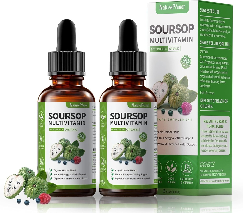 Soursop Bitters Vitamin C, D3, B6, Soursop Fruit & Leaf Ekstraksiyon + Immune Support Digestive Health Antioxy Boost 120Non-GMO Vegan 120mL/4 Fl Oz Oz
