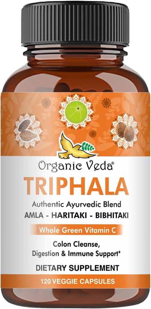 Organic Veda Triphala Capses - Εξαιρετικά συμπυκνωμένο εκχύλισμα Amla Organic Triphala συμπλήρωμα με φυσική βιταμίνη C - για τον καθαρισμό του παχέος εντέρου, την ακτινοβολία του δέρματος, την ανοσία & την πέψη - 120 χάπια Vegan