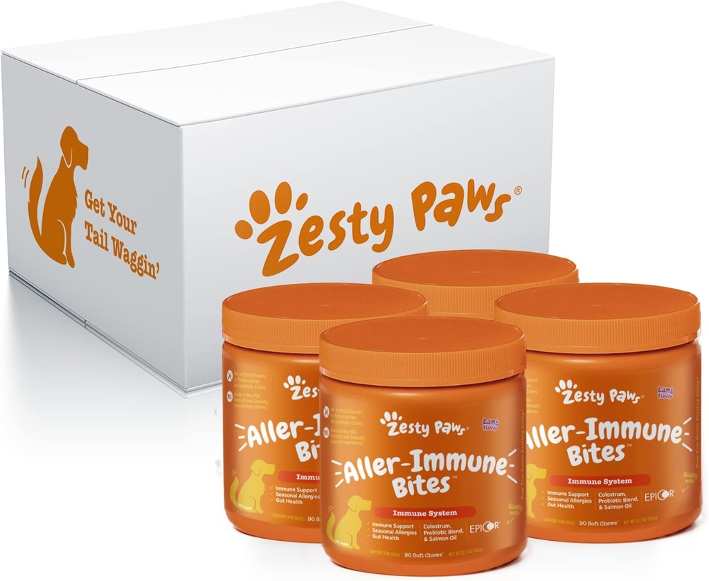 Zesty Paws Allergy Immune Supplement for Dogs Lamb- with Omega 3 Wild Alaskan Salmon Fish Oil & EpiCor + Digestive Prebiotics & Probiotics - Anti Itch & Skin Hot Spots - 90 Count, 4 Pack