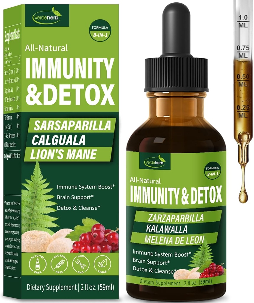 Sarsaparilla & Kalawalla Root (Polypodium Leucotomos) Immunity & Detox Drops, Natural Herbal Immune Support Formula w/Lion's Mane. Gotas de Zarzaparrilla, Cardo Mariano y Melena.