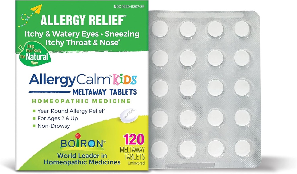 Boiron AllergyCalm Kids Tablets for Relief from Allergy and Hay Fever Συμπτώματα του φτάρνισμα, Runny μύτη, και Ichy Eyes or Throat - 120 Count
