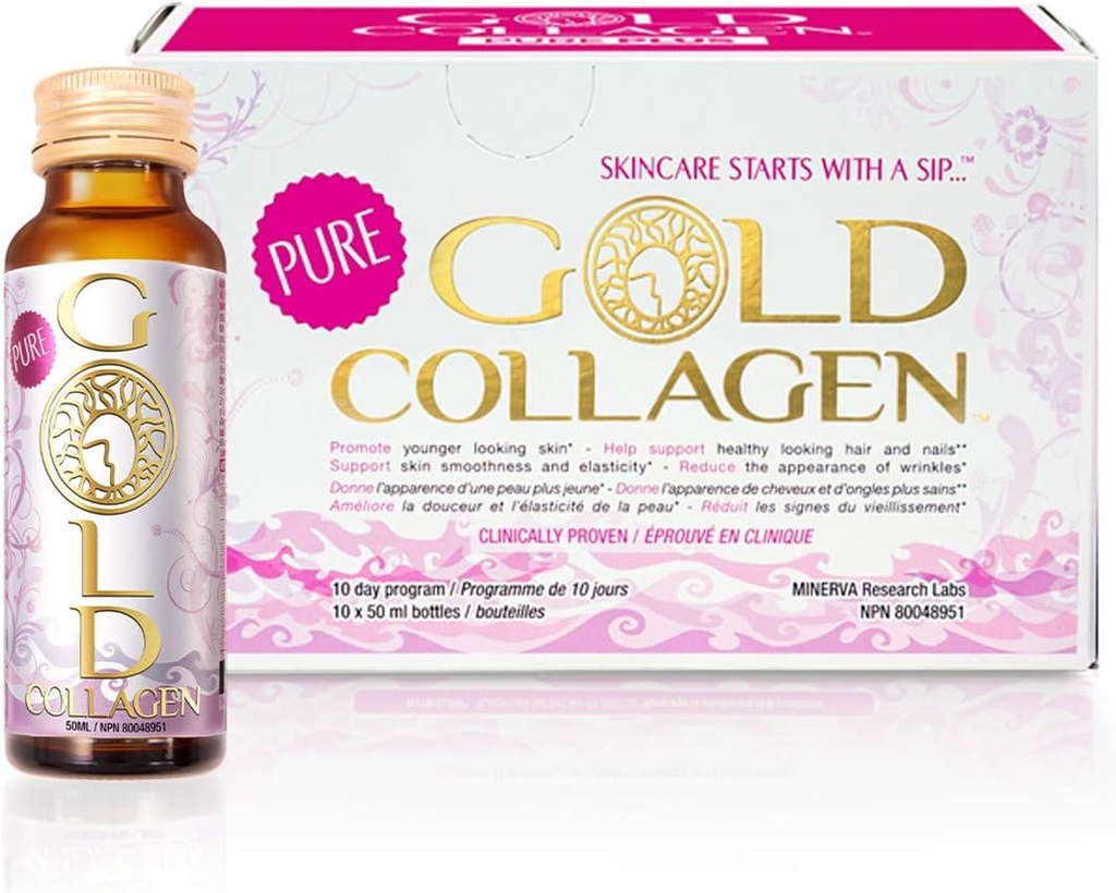 GOLD COLLAGEN Pure - Collagen Συμπληρώματα για γυναίκες & άνδρες με βιοτίνη για την ανάπτυξη των μαλλιών, το δέρμα και τα νύχια - Anti Wrinkle ανοσοποιητικό σύστημα Booster με υαλουρονικό οξύ, βιταμίνη C, B6 και ψευδάργυρο, 1 Pack 10x50 ml