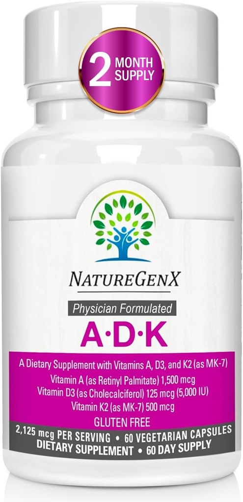 ADK Vitamini 5000 IU - Yüksek Potency Vitaminleri A, D3 ve K2 Kemik Sağlığı ve Gıda Aorpsiyon | Gluten-Free Vitamin ADK Supplement, 60 Day Supply, 60 Capsules