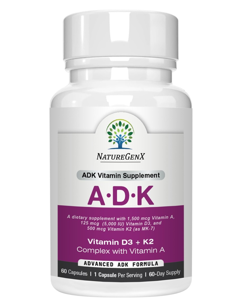 NatureGenX ADK Vitamin Supplement – Vitamins A, D3 & K2 MK-7 for Bone Health & Calcium Absorption – Gluten-Free, Non-GMO, Soy-Free – 60 Capsules (2-Month Supply)