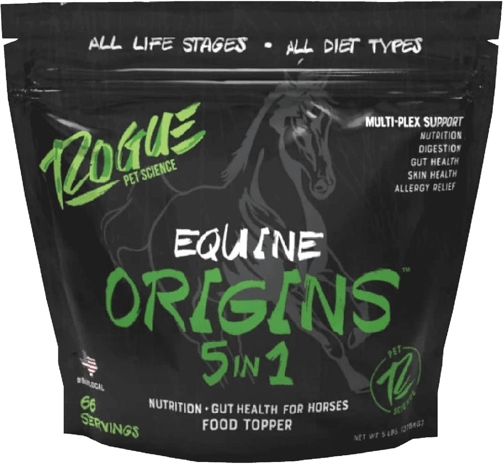 ROGUE PET SCIENCE Origins 5-in-1 Horse Supplement - Pelleted Equine Food Topper w / Natural Omega 3 Fish Oil - Supports Gut Health, Ulcer Relief & Commons- Helps Allergies, Skin and Coat Health (5)