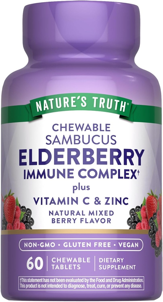 Nature's Truth Elder Immune Kompleks | 60 Chewable Tabletler | Plus C & çinko | Karma Berry | Vegan, Non-GMO, & Gluten Free Supplement