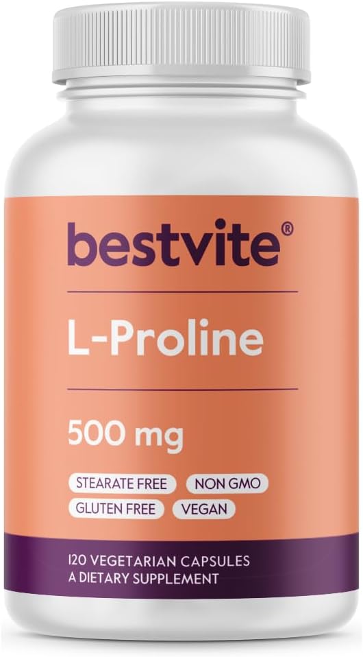 BESTVITE L-Proline 500 mg (120 Vegetarian Capsules) - No Stearates - No Fillers - Vegan - Gluten Free - Non GMO