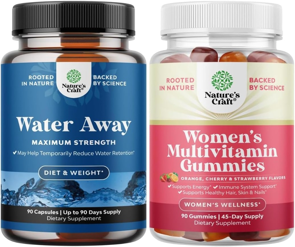 Water Away Pills – Akışkanlar, Bloating Relief için Dandelion Leaf Ekstraksiyonu - Leg & Feet Swelling ve Women's Multivitamin Gummies for Yetişkinler Energy & Immunity