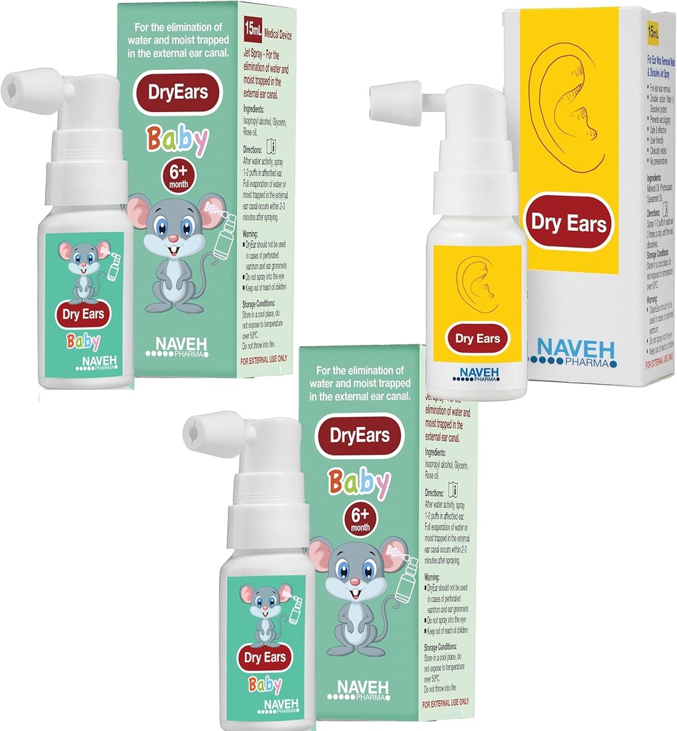 NAVEH PHARMA (2 Μονάδες Ξηρά Αυτιά Baby 0.5oz + 1 Μονάδες Ξηρό Αυτί 1oz) - Swimmers Αυτί σταγόνες Spray - Αυτί Drying σταγόνες για Κολυμβητές Ενήλικες και παιδιά/Αφαίρεση νερού παγιδευμένο σε Αυτί και πρόληψη, μόλυνση,