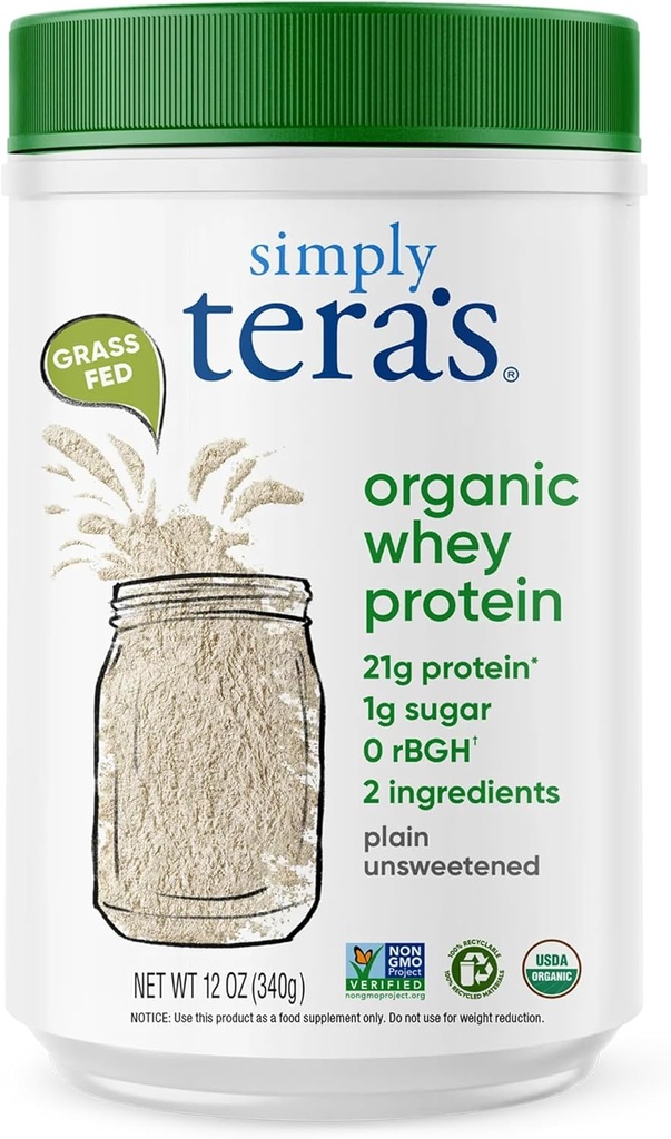 Sadece tera'nın Organik Whey Protein Tozu - Grass Fed Whey Protein Toz Yapay Tatlıcılar olmadan, Unflavored, Non-GMO, Kosher, Gluten-Free - Plain Unsweeten 12 Oz.