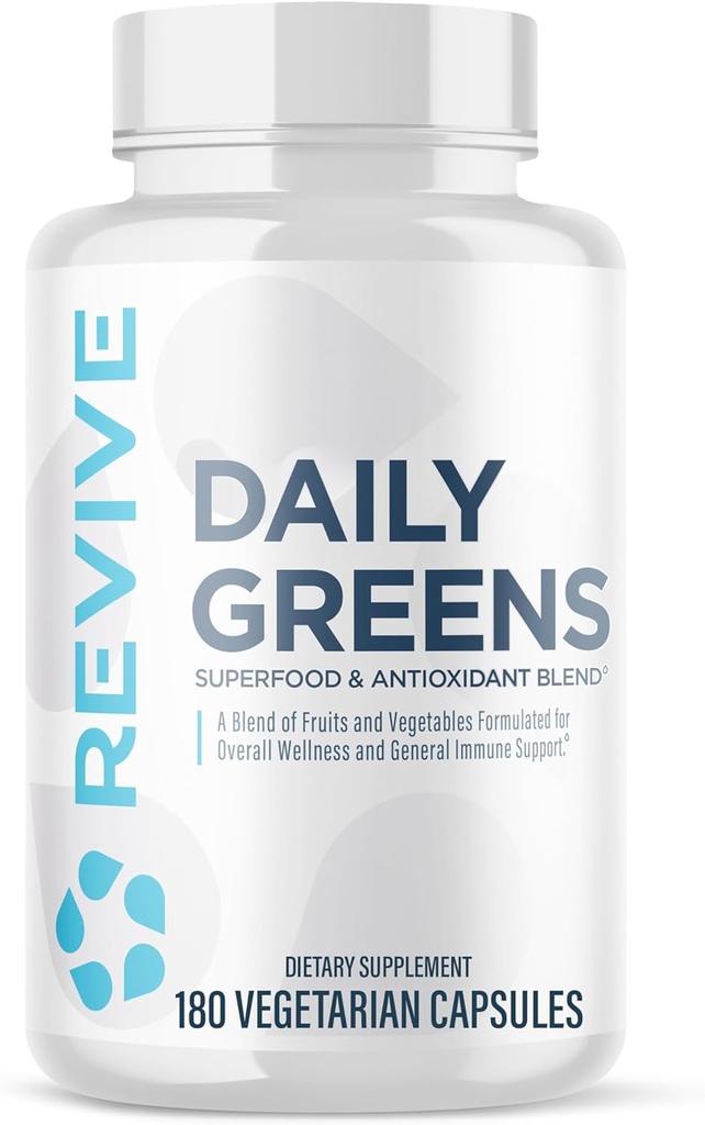 Erkekler ve Kadınlar için Revive MD Daily Greens Supplement - Superfood & Antioksi Mix w/Digestive Enzymes, Prebiyotiks & Probiyotiks for Immune Support, Digestive & Gut Health - 180 Capsules (60 Hizmet)