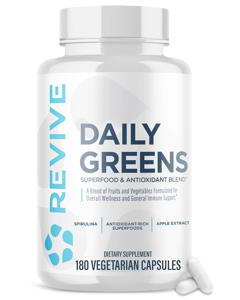 Revive MD Daily Greens συμπλήρωμα για άνδρες & γυναίκες - Superfood & Antioxidant Blend w/Digestive Enzymes, Prebiotics & Probiotics για την υποστήριξη του ανοσοποιητικού, Digestive & Gut Health - 180 Κάψουλες (60 Servings)