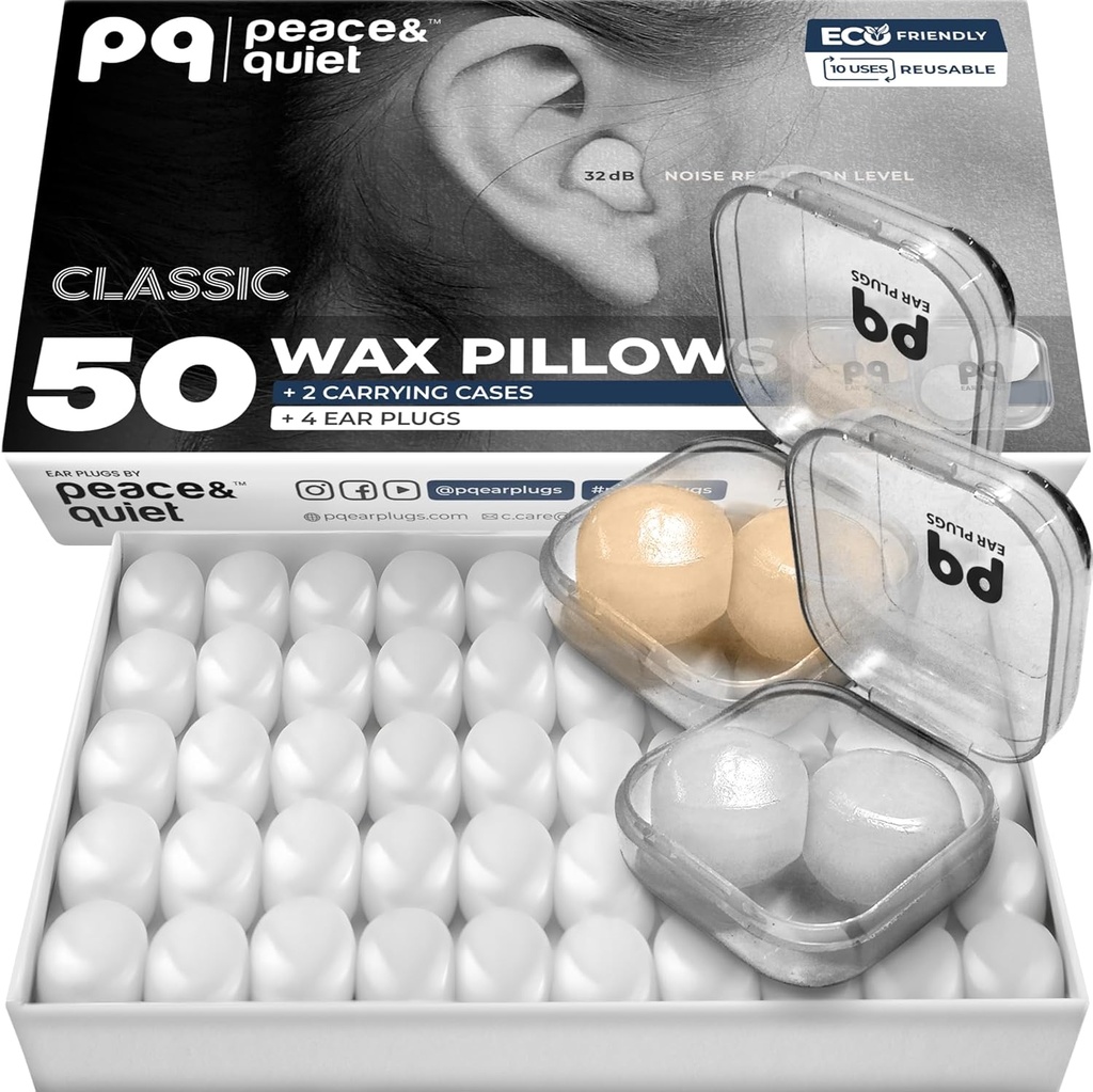 PQ Wax Ear Plugs for Sleeping, Swimming - 50 Θόρυβος Ακύρωση Σιλικόνης Gel Wax Earplugs, Προστασία αυτιού για τον ύπνο και την κολύμβηση, Μαλακά Wax Μαξιλάρια με Sound Blocking Level 32Db, (50 Μαξιλάρια), Χρώμα: Λευκό