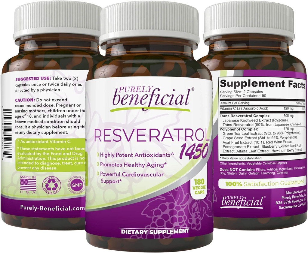 PURELY faydalı RESVERATROL1450-90 gün Supply, Potent Antioksis & Trans-Resveratrol, Anti-Aging, Cardiovascular Destek, maksimum Faydaları (1bottle)