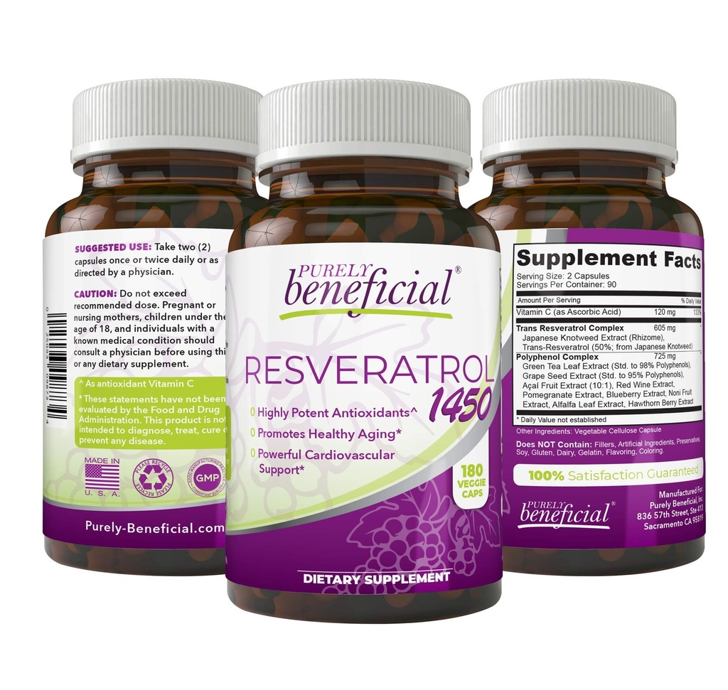 PURELY faydalı RESVERATROL1450-90 gün Supply, Potent Antioksis & Trans-Resveratrol, Anti-Aging, Cardiovascular Destek, maksimum Faydaları (1bottle)
