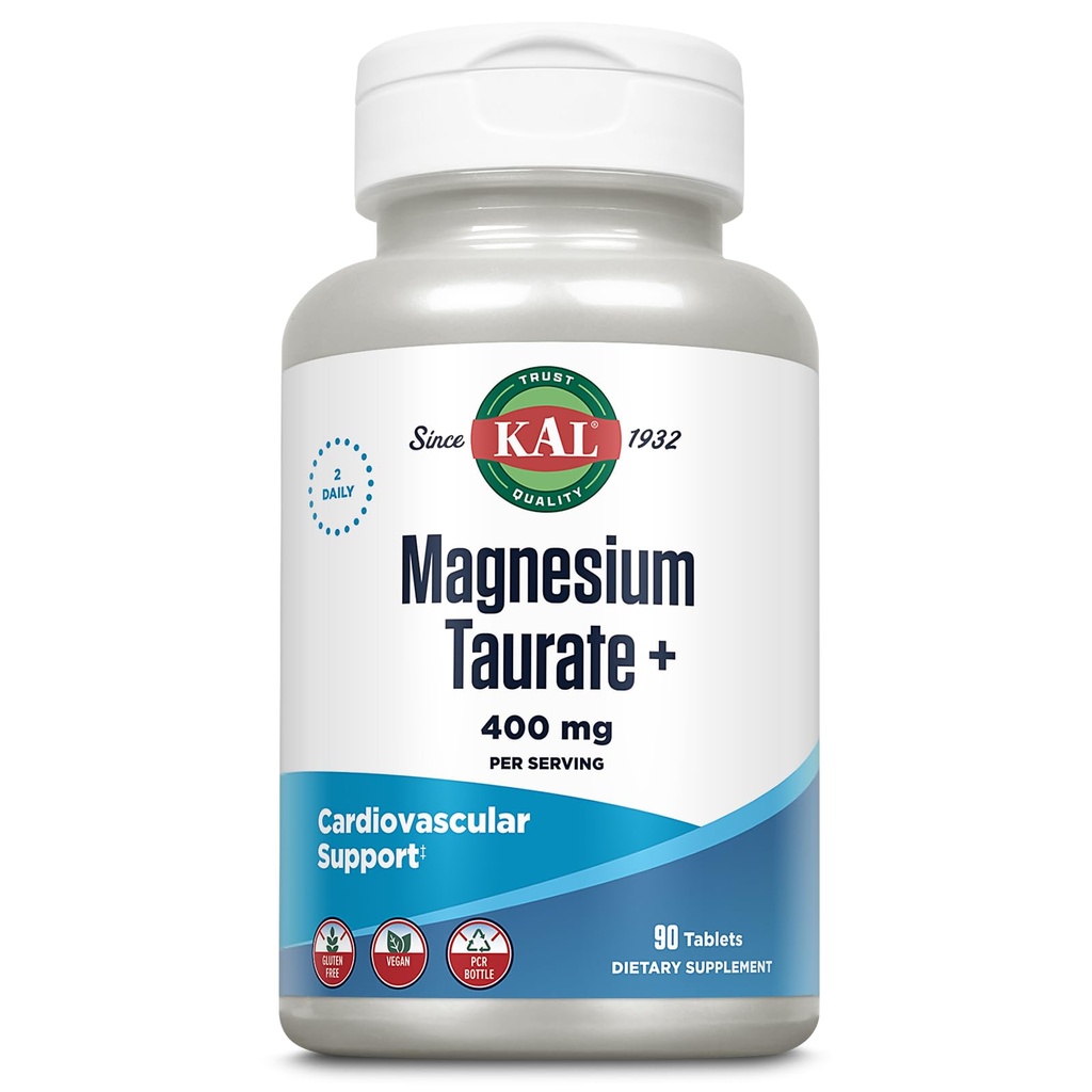 KAL Μαγνήσιο Taurate 400mg Plus Συνένζυμο Βιταμίνη B6, Χηλικό συμπλήρωμα μαγνησίου, Υγιής λειτουργία μυών, Nerve και την υποστήριξη της υγείας της καρδιάς, Χωρίς γλουτένη, Vegan, 60- ημέρα εγγύηση, 45 Serv, 90 δισκία