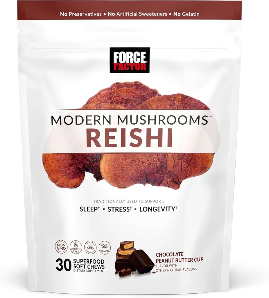 FORCE FACTOR Modern Mushrooms Soft Chews, Reishi Mushroom Supplement to Support Sleep, Stress Relief, & Longevity, Antioksis Supplement, Delicious Peanut Butter Cup Flavor, 30 Soft Chews