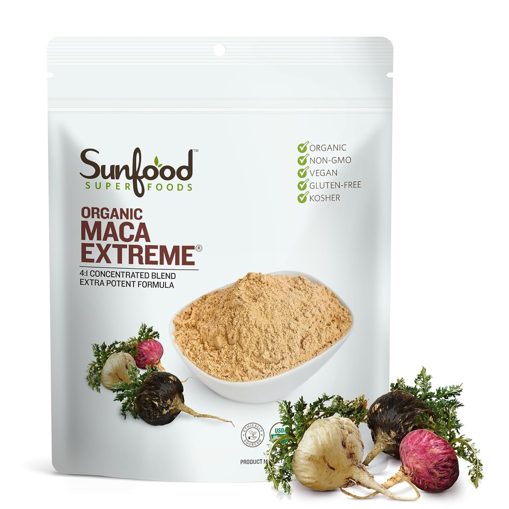 Sunfood Organic Maca Extreme - Maca Root Toz, Maca Toz Organik, Maca Supplement for Men & Women with Adaptogens, Peruvian, Raw, Vegan, Premium Maca Toz - 8 Oz Bag