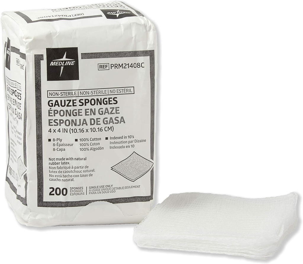 Medline Non-Sterile Cotton Woven Gauze Sponges, 8 Ply, Yara Giyme ve Temizlik Için İdeal, 4000 Vakası