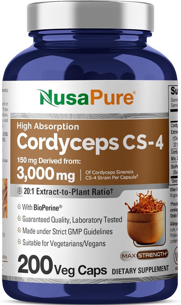 NusaPure Cordyceps 20:1 Ekstraksiyon, 150 mg 3000 mg 200 Veggie Capsules (Sinensis CS-4, Non-GMO, Vegan) Bioperine