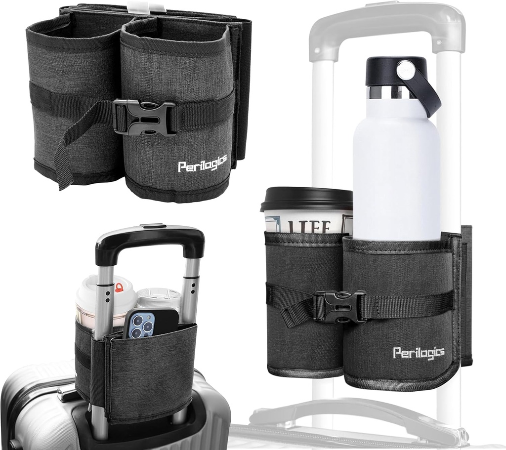Perilogics Bagaj Seyahat Kupası Hands Free Drink Caddy for Suitcase Handle. Perfect Airplane Travel Essential Accessory Hediye for Frequent Traveler, Flight Joinant or with Children (Dark Gray)