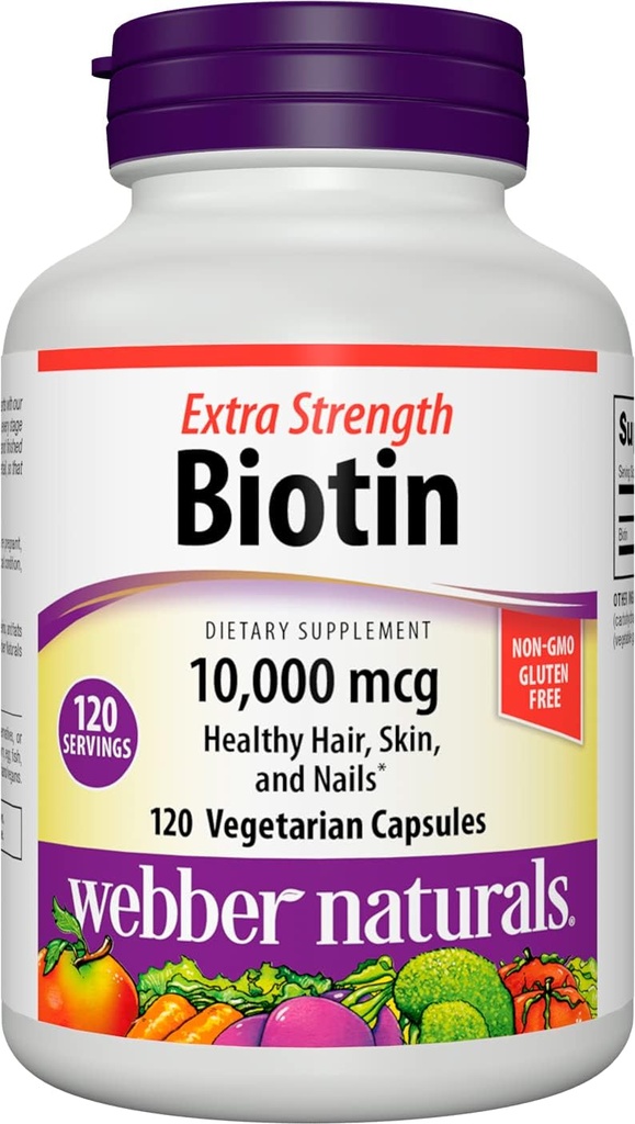 Webber Naturals Biotin 10.000 mcg, Ekstra Kuvvet, 120 Capsules, Sağlıklı Saç, Skin & Nails, Vitamin Tamam, Vegan