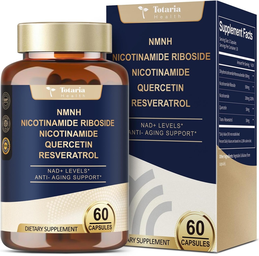 Totaria NMNH (NAD veya NMN Alternative Supplement) (Dihidrnicotinamid Mononüotid) Ultra Strength, NAD++ Destek w/NR, Resveratrol & Quercetin, Anti-Aging için Ultra Abpsiyon, Vegan