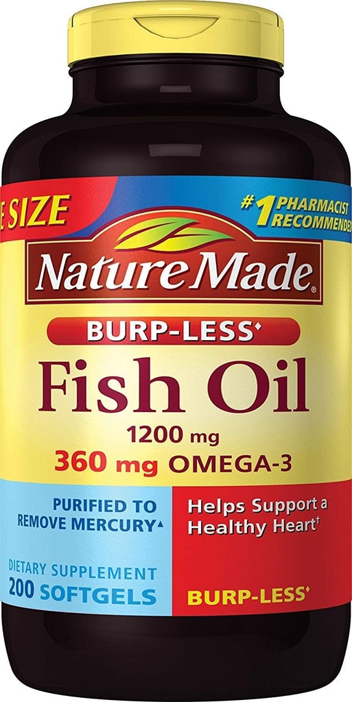 Burp-Less Fish Oil 1200 mg, 200 Softgels, Fish Oil Omega 3 συμπλήρωμα για την υγεία της καρδιάς