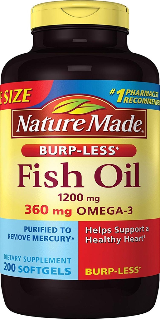 Burp-Less Fish Oil 1200 mg, 200 Softgels, Fish Oil Omega 3 Supplement For Heart Health Health