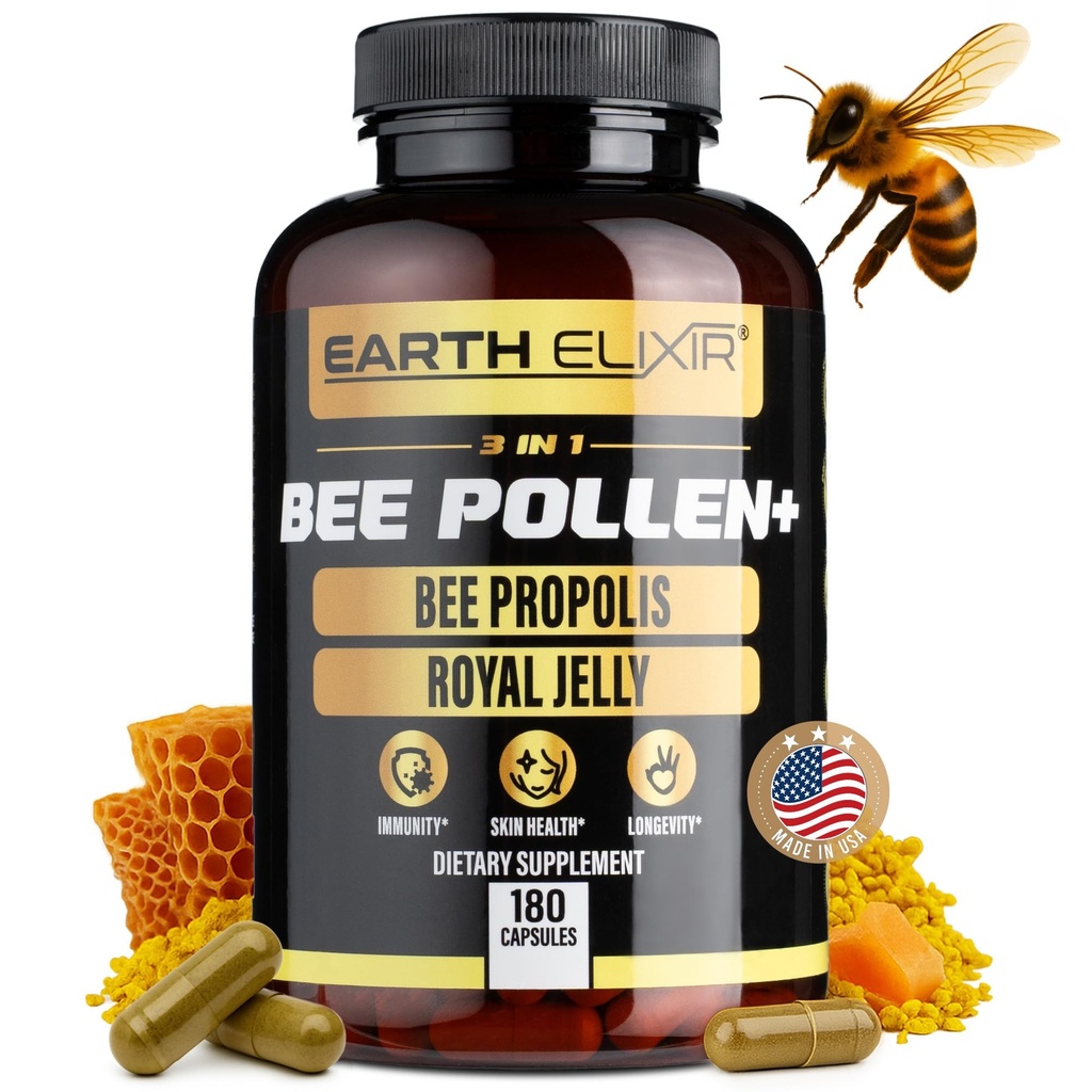 Dünya Elixir 3-in-1 Organik Arı Kirliliği – Non-GMO, Pure Raw Bee Pollen, Kraliyet Jelly, Kadın ve Erkekler için Propolis Takdiri – Doğal Enerji, Immune & Vitality Support – 180 Propolis Capsules