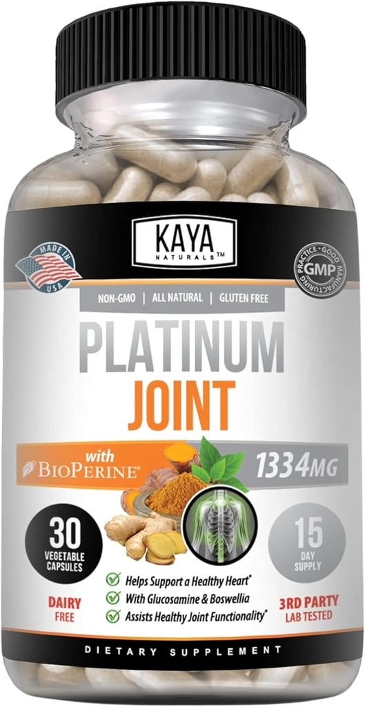 Kaya Naturals Platinum Mobility Turmeric - Bioperine, Glucosamine, Turmeric with Boswellia, Sağlıklı Doğal Hareketli Desteği, Turmeric Curcumin 1334 mg - 30 Capsules