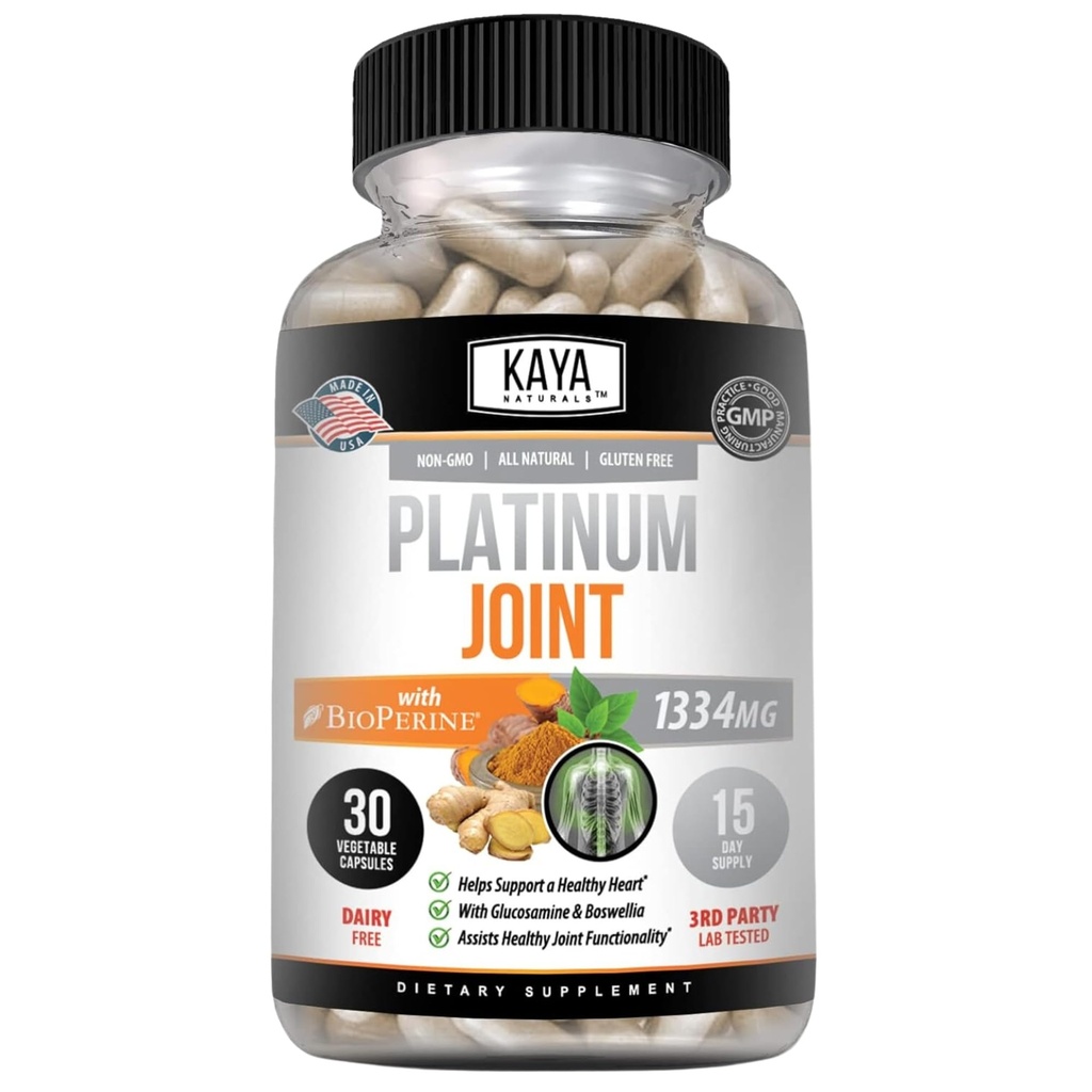 Kaya Naturals Platinum Mobility Turmeric - Bioperine, Glucosamine, Turmeric with Boswellia, Sağlıklı Doğal Hareketli Desteği, Turmeric Curcumin 1334 mg - 30 Capsules