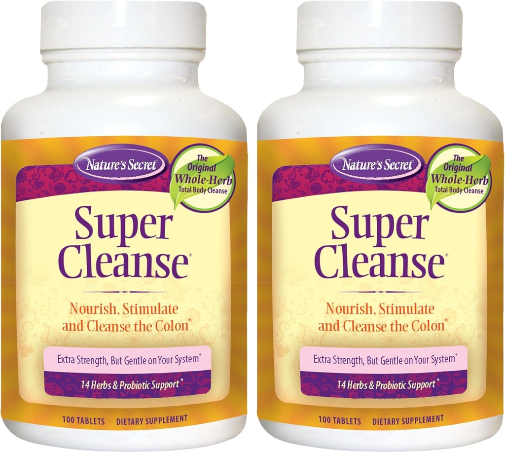 Nature's Secret Super Cleanse Extra Strength Toxin Detox & Gentle Elimination Body Cleanse, Digestive & Colon Health Support - Stimulating Mix of 14 Herbs with Probiyotiks - 100 Tablet (Pack of 2)