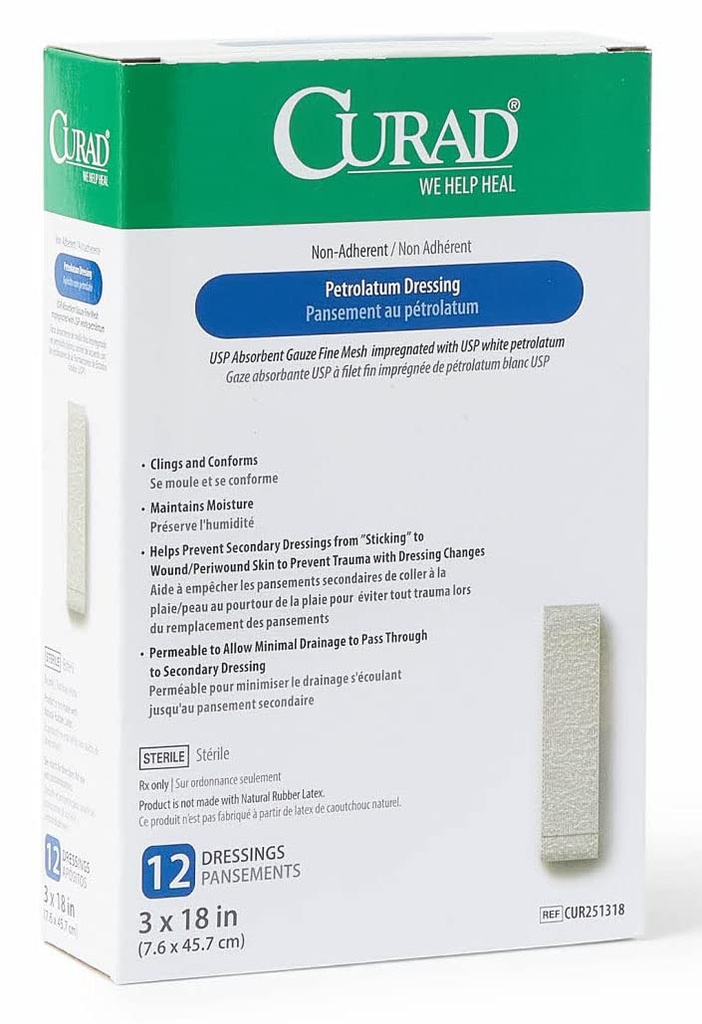 Curad Sterile Latex Free oilatum Gauze Dressing, 3" x 18" ( 72'nin paketi)