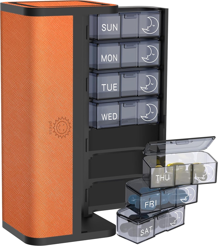 7Gün AM/PM Pill Pul-Resistant Deri Vakası ile Organize Edilecek - Portatif Günlük Pods & Privacy Design (Bright Orange) ile Portreatif Günlük Seyahat Tıp Kutusu