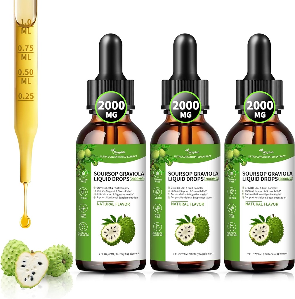 (3 Pack)Soursop Graviola Liquid Drops 2000 mg, %98 Abxia Soursop Bitters Hücre Desteği ve Rejenerasyon için sıvı, Immune Boost, Liver, Herbal Goodness, Sugar/Gluten Free, Natural Flavor, 6 Fl Oz
