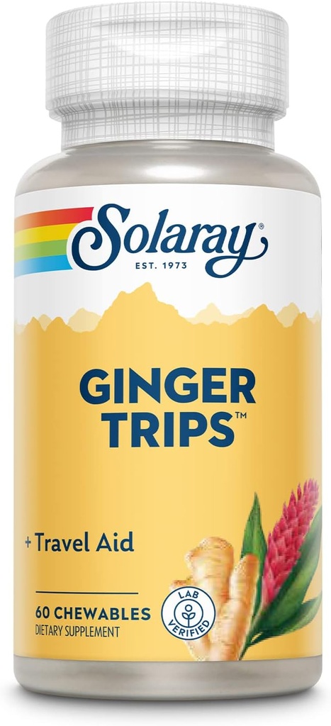 SOLARAY Ginger Trips Travel Aid | Root Extract | Sağlıklı Digestive Support w/Honey, Stevia & Molasses | 60 Chewables