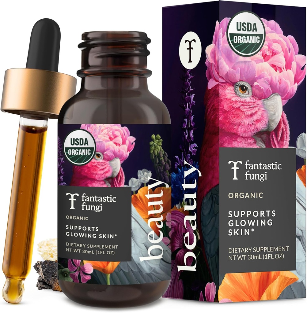 Fantastic Fungi Beauty Elixir with Tremella Mushroom Extract, Chaga Mushroom Extract, Horsetail & Acerola - Organic Drops for Healthy Hair, Skin & Nails - Formulated in USA - 30 Servings, 1 fl oz