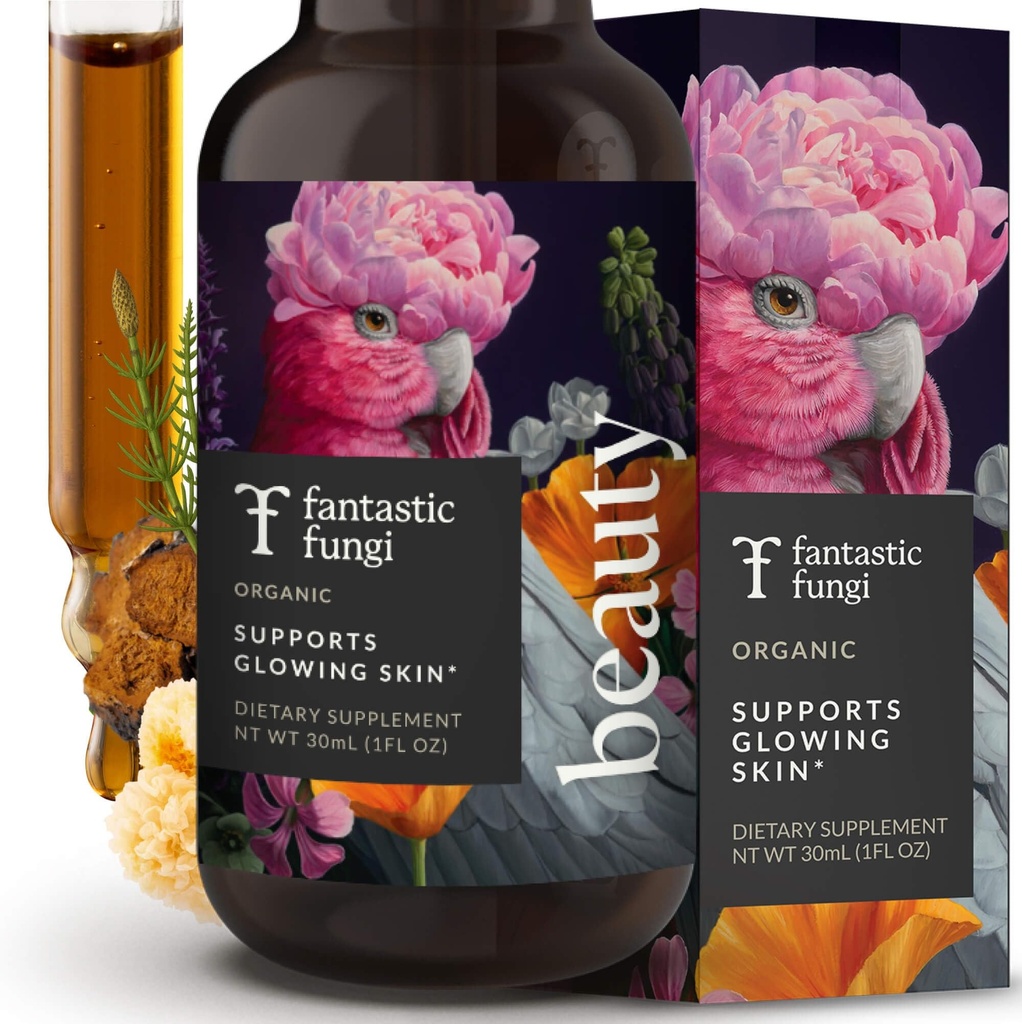 Fantastic Fungi Beauty Elixir, Tremella Mushroom Extract, Chaga Mushroom Extract, Horsetail & Acerola - Sağlıklı Saç, Skin & Nails - ABD'de Formula 30 Hizmet, 1 fl oz