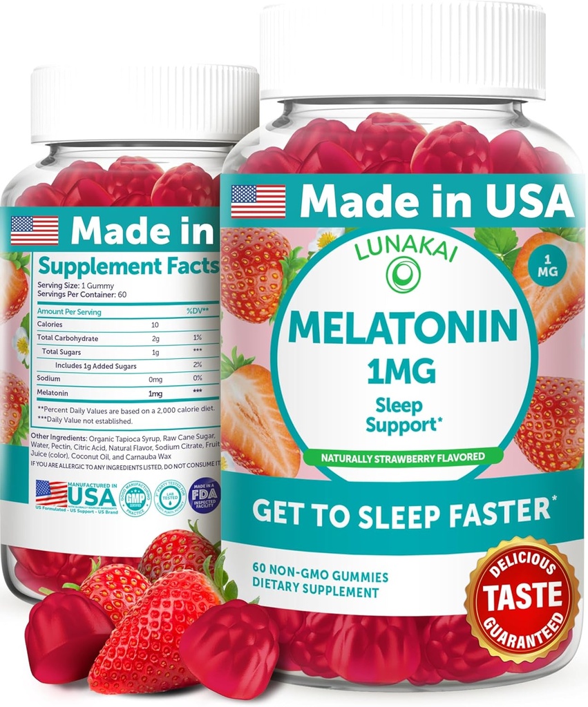 Lunakai USA Low Dose Melatonin Gummies 1mg - Yetişkinler ve Çocuklar için Gerçek Uyku Yardımı - Non-GMO, Vegan, Gluten-Free - 60 Count Count Count Count Count