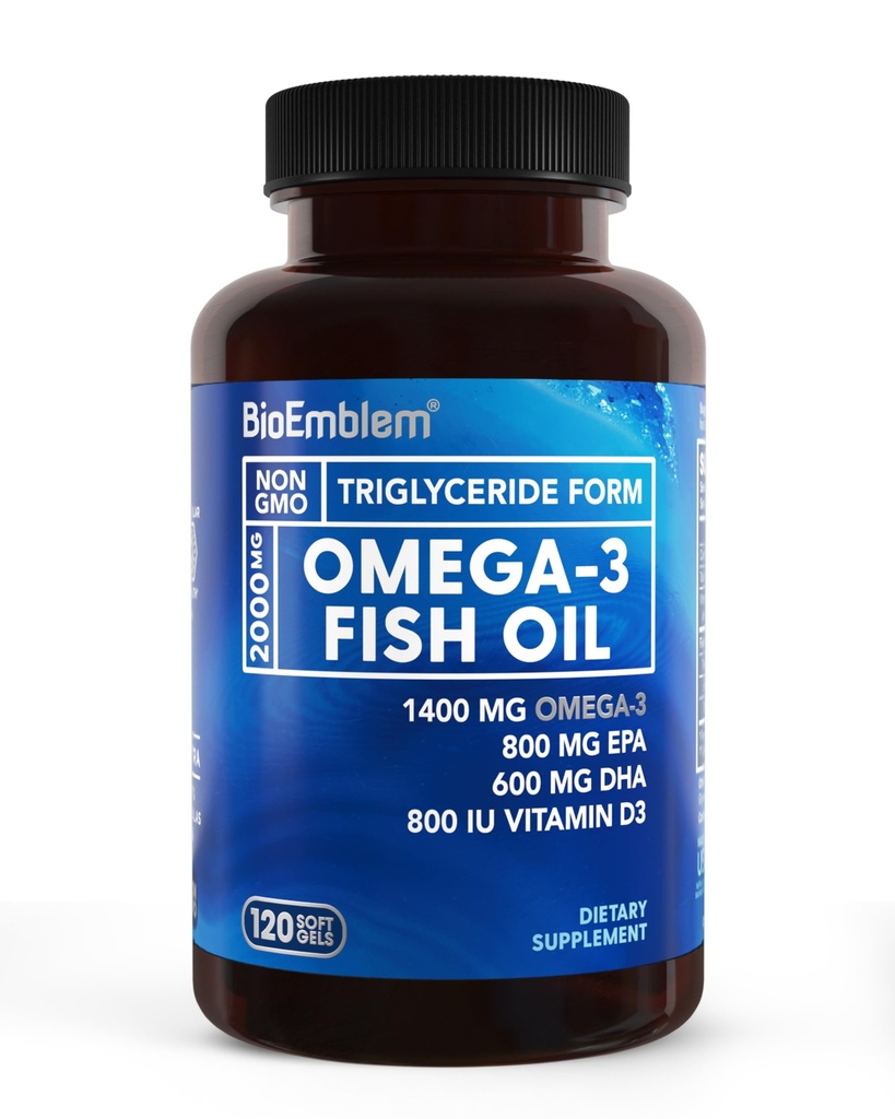 BioEmblem Omega-3 Fish Oil 2000mg - Küçük Boyut Softgels, High Abors Form, Sürdürülebilir - 1400 mg EPA &DHA Plus Vitamin D3, Non-GMO, Heart, Joint, & Brain Health Fish Oil Supplement, 120 Ct