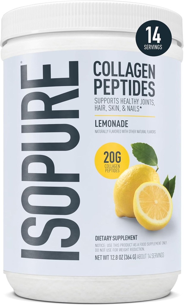 Isopure Collagen Peptides Peptides Powder, προάγει την υγεία των μαλλιών, των νυχιών, του δέρματος και των αρθρώσεων, με βιταμίνη C και βιοτίνη, λεμονάδα, 20g Collagen Peptides Per Serving, 11,36 Oz, 14 υπηρεσίες (Packing May Vary)