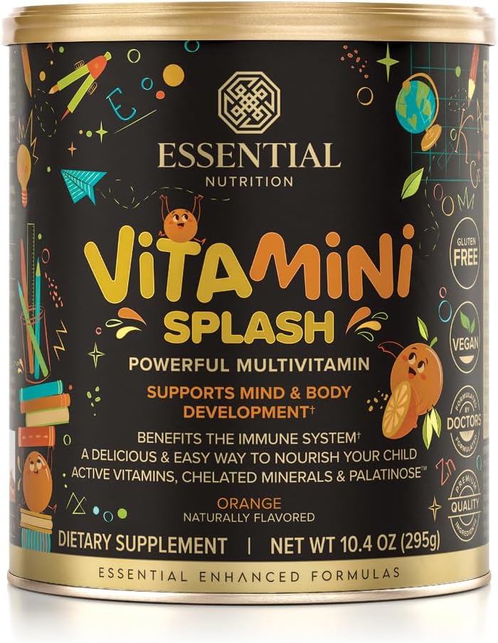 Essential Nutrition Vitamini Splash - Παιδική πολυβιταμίνη σε σκόνη - Διατροφική υποστήριξη - 13 Ενεργές Βιταμίνες & 6 Χηλικά Ορυκτά, Προβιοτικές Ίνες - Πορτοκαλί Γεύση - (10,4 oz) - Vegan