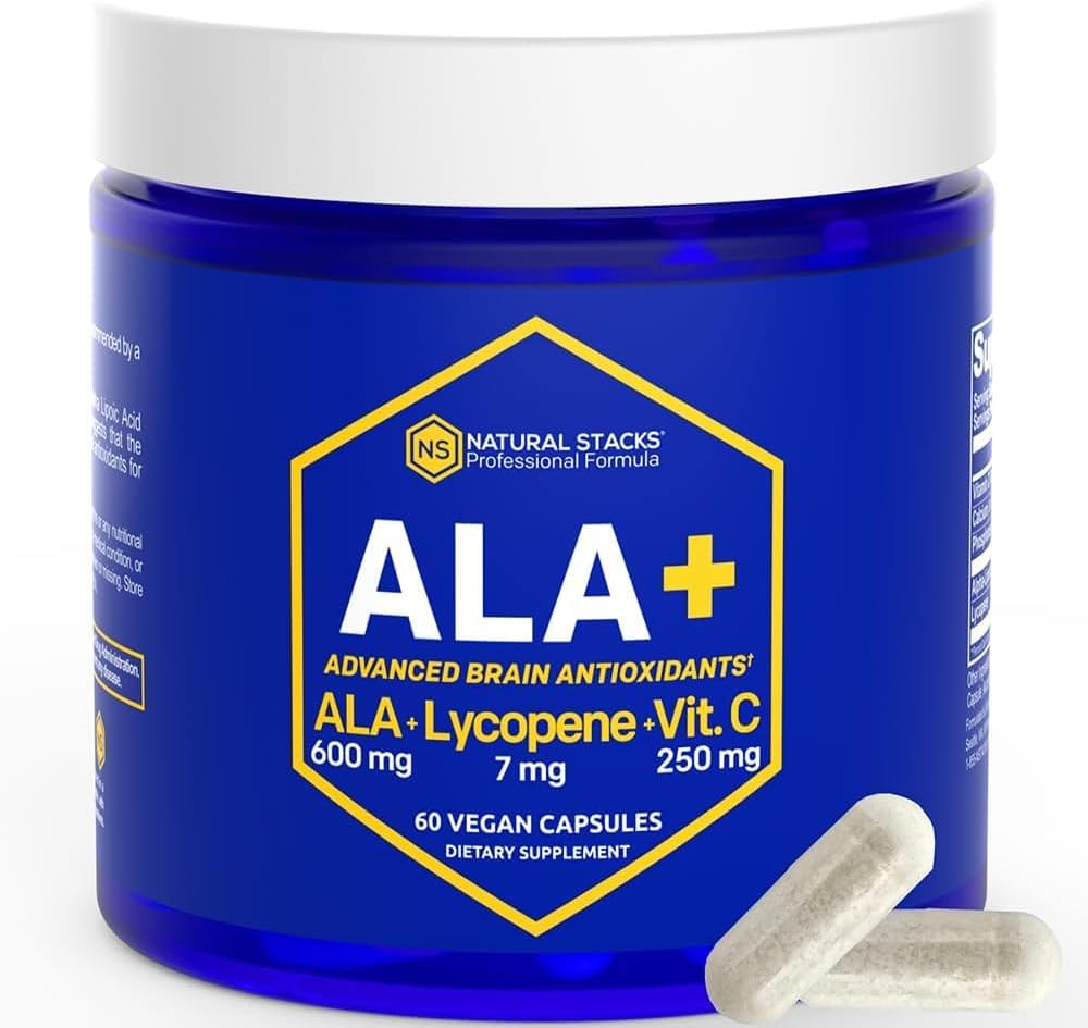 NATURAL STACKS Alfa Lipoic Asit 600 mg w/Lycopene ve C vitamini - Immunity & Cellular Function - Supplement for Brain Health Health
