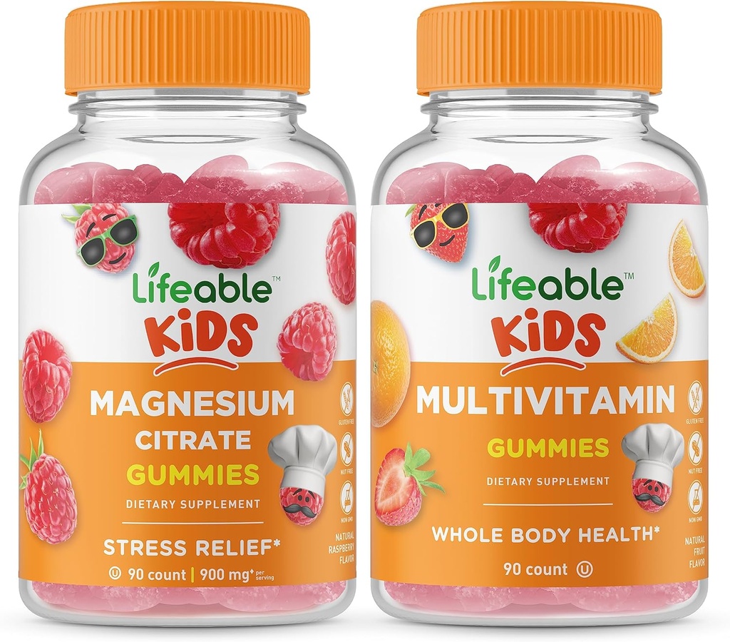 Lifeable Magnezyum Kids + Multivitamin Kids, Gummies Sche - Great Tasting, Vitamin Supplement, Gluten Free, GMO Free, Chewable Gummy Gummy