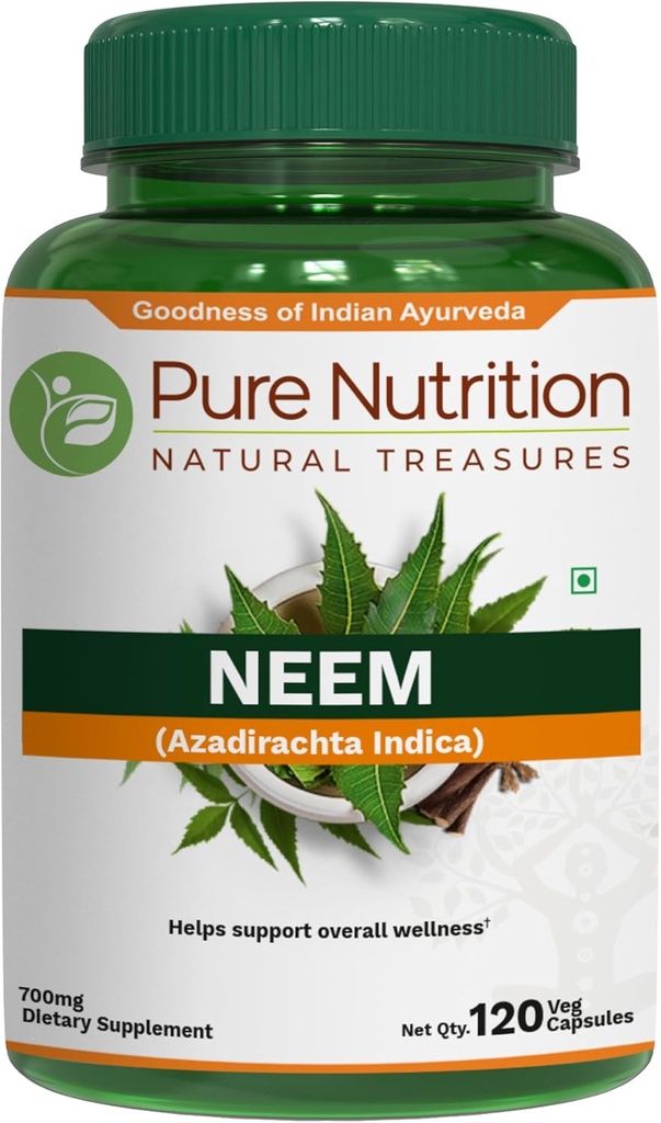 Saf Beslenme Neem Capsules 700 mg. (Equivalent to 2600 mg Neem Leaf Toz ve Bark Toz) GMO | Bir Kez | 120 Gün Supply.