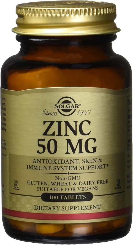 Solgar Zinc 50 Mg, 100 δισκία - Ψευδάργυρος για υγιές δέρμα, ανοσοποιητικό σύστημα και αντιοξειδωτικό υποστήριξη - 100 σέρβις, 100 μέτρα (πακέτο των 12)