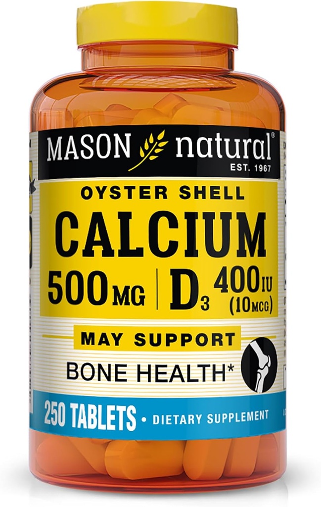 MASON NATURALuba 500 mg (Oyster Shell) D3 Vitamin Normal Kemik ve Kas Fonksiyonlarını Desteklemek için, 250 Tablet